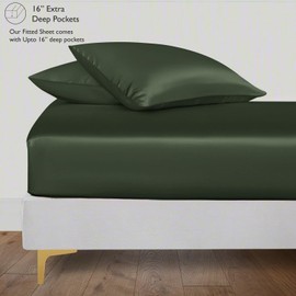 LINENWALAS 100% Tencel Lyocell Fitted Sheet Only with Secure Snug Fit All Around Elastic 40 cm Deep Pocket Fitted Bed Sheet- Softest Cooling Eucalyptus Silk Bedding (Avocado Green, Double)