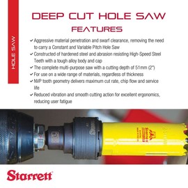 Starrett Bi-Metal Deep Cut Hole Saw with Arbor and Abrasion Resistant HSS Teeth - Ideal for Cutting Metal, Steel, and Wood - 2-3/4" Diameter, 2" Depth - ADCH0234