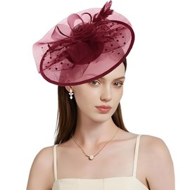 Markest Fascinators for Women Tea Party Hats Flower Feather Headpiece Party Headwear for Kentucky Derby, Cocktail, Wedding 42-Wine Red