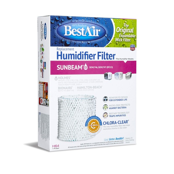 BestAir H64-PDQ-4 Extended Life Humidifier Replacement Paper Wick Humidifier Filter, For Holmes, Sunbeam, Touch Point, White-Westinghouse, Hamilton-Beach & Bionaire Models, 7.2" x 2.4" x 9.6"