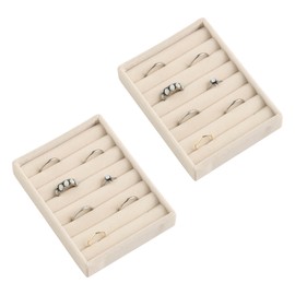 Frebeauty Small Jewellery Tray Set,Velvet Ring Organiser,Stackable Jewellery Organiser Tray,Mini Jewellery Drawer Organiser,4.92 x 3.74 x 0.9 Inches,7 Slots Ring Tray for Women Girls(Set 2,Beige)