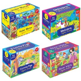 Youngland® Jigsaw Puzzles Pack of 4 – Snow White & The 3 Little Pigs, Unicorn & Underwater | 25 Pieces Each