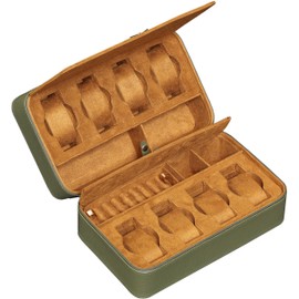 ROTHWELL 8 Watch Travel Case Storage Organizer for 8 Watches, Sunglasses, Rings & Cufflinks |Tough Portable Protection with Zipper Fits Most Wristwatches & Smart Watches Up to 50mm (Green/Tan)