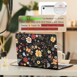 iLeadon Compatible with MacBook Air 13.3 inch Case 2022, 2021-2018 Release A2337 M1 A2179 A1932, Plastic Hard Shell&Keyboard Cover&Screen Film for MacBook Air 13 inch Case, Black Floral