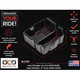 Vehicle OCD - Center Console Organizer Tray for Jeep Wrangler JL/JLU (2018-2025) Jeep Gladiator JT Truck (2020-2025) - Made in USA - Black Tray Liners - SLX151