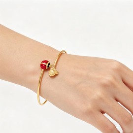 Cute Ladybug Bracelet for Women Gold-Tone Plated Stainless Steel Dainty Beetle Charm Open Bangle Wrap Wrist Band Sweet Fine Lovely Insect Animal Holiday Good Luck Statement Jewelry for Her