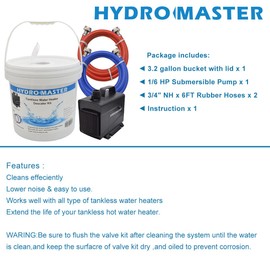 HYDRO MASTER Tankless Water Heater Flush kit,Includes Submersible Pump, 3.2 Gallon Pail with Screw Top Lid, Two 3/4-inch GHT x 6 FT Color Coded Rubber Hoses