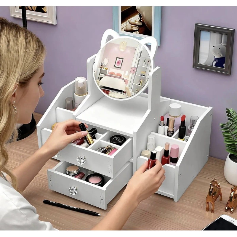 Caja De Almacenamiento De Cosméticos Multifuncional + Espejo