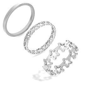 ELBLUVF Set of 3pcs Stainless-steel Lucky Stars Star Love Heart Band Stackable Ring For Women (6)