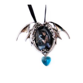 Water Dragon - Dragon Cameo Oval Cabochon Style Pendant Necklace in Double Winged Dragon Setting with Heart Style Manmade Crystal Dropper, Ribboned - Artwork by Anne Stokes