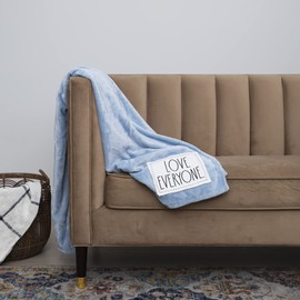 Rae Dunn Throw Blanket- Soft, Decorative Blankets for Bed or Couch, Cozy Throws for Sofa, Plush Light Blue Fleece Throw Embroidered with Love Everyone, 50 inches x 60 inches
