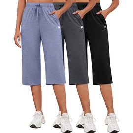 Neer 3 Pack Women's Capri Pants, Cotton Wide Leg Basic Sweatpants Lounge Loose Fit Casual Drawstring Yoga Capris with Pockets(Black, Dark Mixed Gray, Haze Blue,XX-Large)
