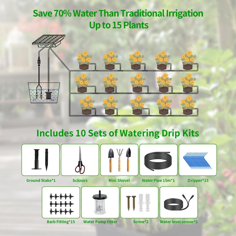 HEKIWAY 49FT Solar Drip Irrigation System, Auto Watering Kit for