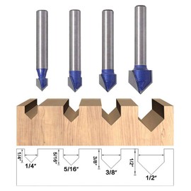 Bestgle 4pcs 1/4" Shank Industrial Grade 90 Degree V Groove Router Bit Set CNC Engraving V Grooving Cutter Woodworking Tool 1/4", 5/16", 3/8", 1/2"