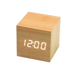 Onerbuy Wooden Digital Cube Alarm Clock Touch Sound Activated Desk Clock Portable Travel Clock with LCD Display for Time, Temperature, Calendar, 3 Alarm Settings (Yellow)