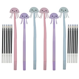 Lopenle 12 PCS Novelty Jellyfish Pens Bendable Luminous Gel Pens Soft Silicone Rollerball Pens With 24 Pieces Refills Black Ink Pens 0.5mm For School Office Home Stationery