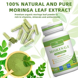 Organic Moringa Powder Capsules Pure Moringa Leaf Supplement Green Antioxidant Superfood Supports Energy Immune Joint Gut Skin Health Vegan and Non-GMO 120ct