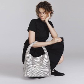 JINMANXUE Woven Tote Bag for Women, Fashion Hobo Handbag, Travel Top-handle Shoulder Bag, Beach Underarm Bag with Purse (Bright Silver)