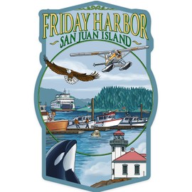Die Cut Sticker Friday Harbor, San Juan Island, Washington, Views, Contour Vinyl Sticker 3 to 6 inches, (Waterproof Decal for Cars, Water Bottles, Laptops, Coolers), Large