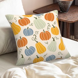 Fall Pillow Covers 18x18 Inch Set of 2 Thanksgiving Orange Yellow Blue Pumpkins Decorative Throw Pillows Autumn Colorful Outdoor Farmhouse Decor Cushion Covers for Sofa Bed Couch Living Room
