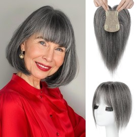 REECHO Human Hair Topper with Bangs for Women Real Human Hair Natural Hairpiece for Daily Wear, Dark Gray