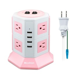 Micshion Power Strip Tower Outlet, 2 Bipolar Switches AC 8 USB 4 Ports (4.5A/5V) 1500w Input 100v-125v Fast Charging Lightning Guard Protection Overload Protection Extension Cord 2m for Office Home Pink