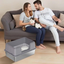 Curtainboro Stainless Steel Cat Litter Box, Litter Box with Anti-Slip Litter Mat and Scoop, Anti-Leakage Top Entry, Enclosed Litter Boxes with Lid, Easy to Clean