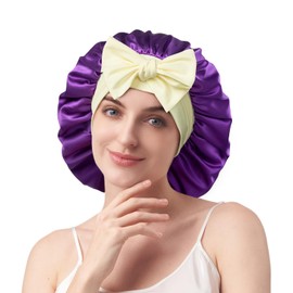 Umisleep 22 Momme 100% Mulberry Silk Sleep Cap, Double Silky Soft Night Cap for Curly Hair, Breathable, Adjustable Wide Band for Head, Purple+Light Yellow