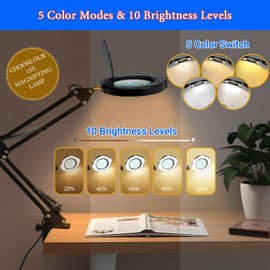 15X Magnifying Glass Desk Lamp with Clamp, Real Glass Lens, 84 LEDs, 5 Color Modes Dimmable, Led Lamp Magnifier with Dust Cover, USB Charger, Clean Cloth, Ideal Gift for Seniors, Crafters, Hobbyists
