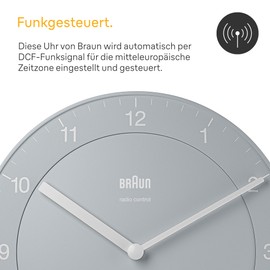 Braun Classic Radio Wall Clock for Central European Time Zone (DCF/GMT+1) with Quiet Movement, Easy to Read 20 cm Diameter in Grey, Model BC06G-DCF