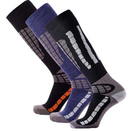 Pure Athlete Ski Socks Warm Merino Wool - Best Lightweight Thin Ski Snowboard Sock Women Men (3 Pairs - Black/Grey(1)+Black/Orange(1)+Blue/Silver(1), Small-Medium)