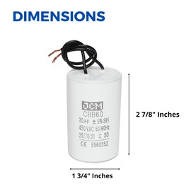 JCM Motor Run Capacitor 30uf MFD 250V/450V AC Volts Round Cylinder 2 Wires CBB60