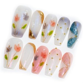 Sun&Beam Nails Handmade Long Coffin Ballerina White Pink False Nail Tips with Cute 3D Gold Pearl Popular Charm Design Press On Nails 10 Pcs (#56 M)