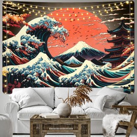AtawLege The Great Wave Tapestry Japanese Ocean Sea Wave Tapestries Vintage Asian Anime Tapestry Aesthetic Kanagawa Tapestry Mountain Sunset Tapestry Wall Hanging for Room(59.1 x 59.1 inches)