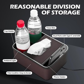 Upgrade Universal Center Console Organizer with USB Charging Phone Holder & Cup Holders for Car, Central Armrest Box, Truck Seat Organizer and Storage - Brown