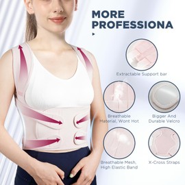 KKM Back Brace Posture Corrector for Women and Men, Scoliosis and Hunchback Correction, Adjustable Back Straightener Provides Shape For Neck Shoulders Back Pink(Waistline 38-45 Inch, Large)
