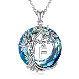 TOUPOP Tree of Life Initial F Necklace Christmas Gifts for Women Sterling Silver Family Tree Letter F Pendant with Blue Crystal Jewellery Gifts for Women Lady Girls Wife Mom Birthday Gift for Her