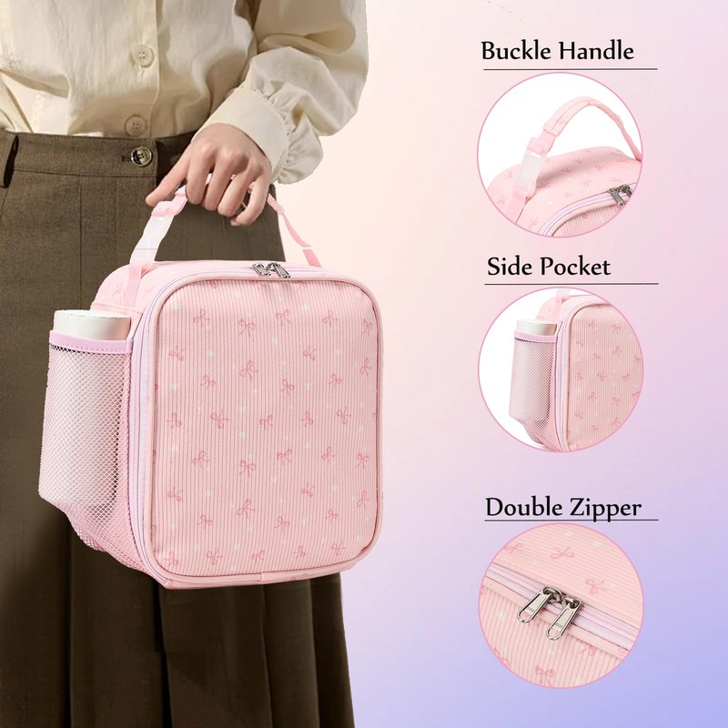 Dafelile Lunch Bag for Girls Women Kids,Reusable Insulated Corduroy Bow