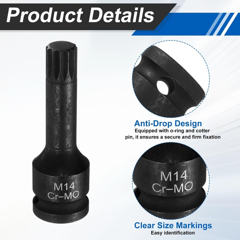 HARFINGTON 5pcs 1/2" Drive M14 Triple Square Impact Spline Bit