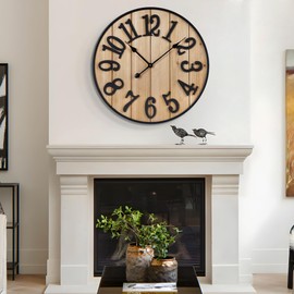 Henescribe Large Wall Clock 20IN, Silent Metal Wood Style Wall Clocks Battery Operated for Living Room Decor, Farmhouse Big Wall Clock, Outdoor
