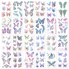 24 Sheets Glitter Butterfly Tattoos, Waterproof Butterfly Temporary Tattoo Sticker Eye Arm Face Body Makeup Temporary Tattoos for Women Girls Party Favors Festival Makeup