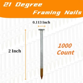 1000 Count 21 Degree Framing Nails-Hot Dipped Galvanized（2" x 0.113"）Full Round Head for Pneumatic Electric 20 to 22 Degree Framing Nail Guns