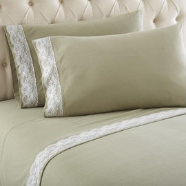 Shavel Micro Flannel Quality Lace-Edged Sheet Set - King Flat/Fitted Sheet 108x110/80x78x18 2-Pillowcase 21x40 - Meadow.