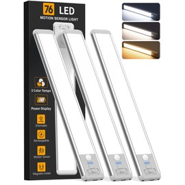 Under Cabinet Lighting Wireless, Rechargeable Motion Sensor Light Indoor, 3 Color Dimmable Closet Light Battery Operated with LED Power Display, Magnetic Under Counter Lights for Kitchen, Home (3Pack)