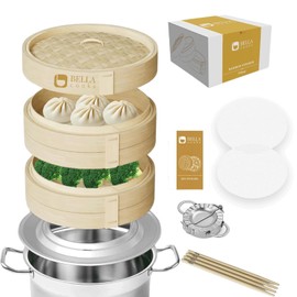 Bamboo Steamer 11-inch 2 Tier Dumpling Steamer Basket with Lid & 4 Chopsticks, Reusable Silicone Liners,Ring Adapter, Bun, Dim Sum, Rice Potsticker Steaming Chinese Asian Food & Vegetables, Fish, Meat.