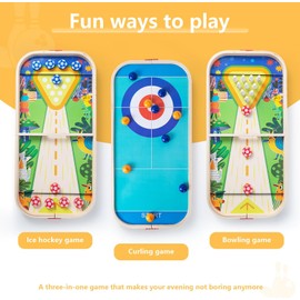 3-in-1 Wooden Tabletop Board Game Set - Portable Fast Sling Puck, Curling & Mini Bowling Game; Montessori Educational Indoor Toy; Screen-Free Family Game Night Decor for Kids & Adults Ages 3+