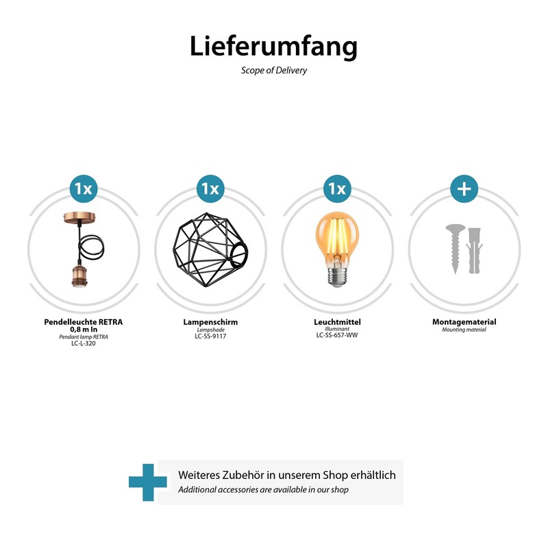 ledscom.de Vintage Retro Pendant Light Bronze Cage Shade + LED