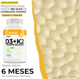 BioHerb® | Vitamina D3 + K2 (MK-7) con Aceite de Coco, 400 UI D3 + 30 µg K2 de Alta Biodisponibilidad y Absorción con 180 Cápsulas Blandas (Softgels) 
