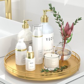 13" Gold Lazy Susan for Table Top, Oak Wood Lazy Susan Turntable Organizer for Dining Coffee Table Centerpiece Bar Decor Kitchen Countertop Bathroom Vanity Decorative Tray for Perfume Jewelry Round