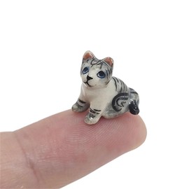 WitnyStore Tiny ½ Gray White Tabby Cat Sitting Cute Figurine - Miniature Hand Made Painted Ceramic Cats Kitten Feline Animal Cute Porcelain Decorative Collectible Figures Décor Gifts